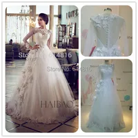 Luxury Romantic Vestidos De Noiva 2014 See Through Long Sleeve   With Flowers Appliques Ball Gown White Wedding Dresses